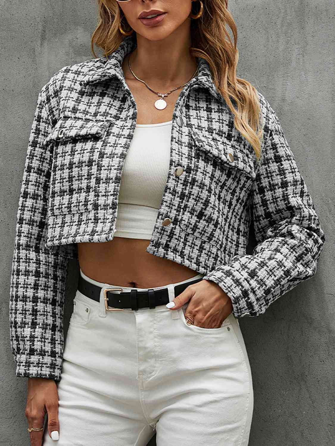 Light Slate Gray Plaid Button Up Collared Neck Long Sleeve Jacket