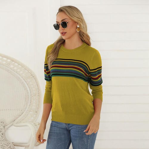 Light Gray Striped Round Neck Long Sleeve Sweater