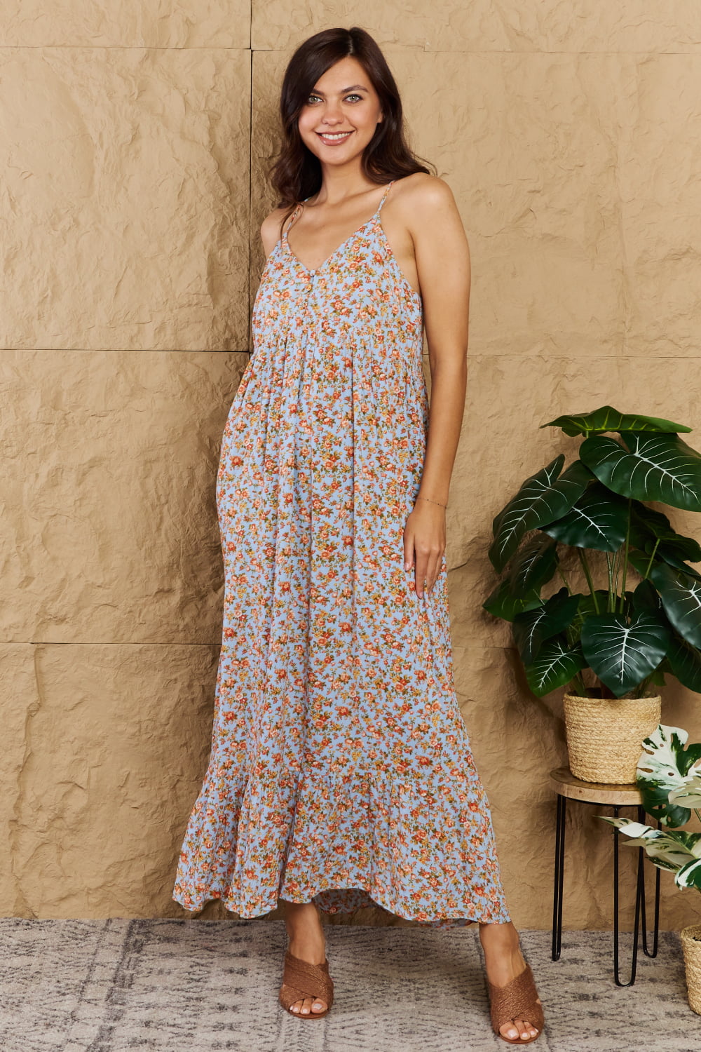 Rosy Brown HEYSON Take Your Chances Full Size Floral Halter Neck Maxi Dress Sentient Beauty Fashions Apparel &amp; Accessories
