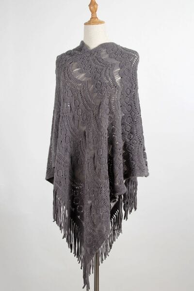 Lavender Fringe Openwork Surplice Cape Sleeve Poncho