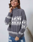 Light Gray Zip-Up Geometrical Pattern Pullover Sweater Sentient Beauty Fashions Apparel & Accessories