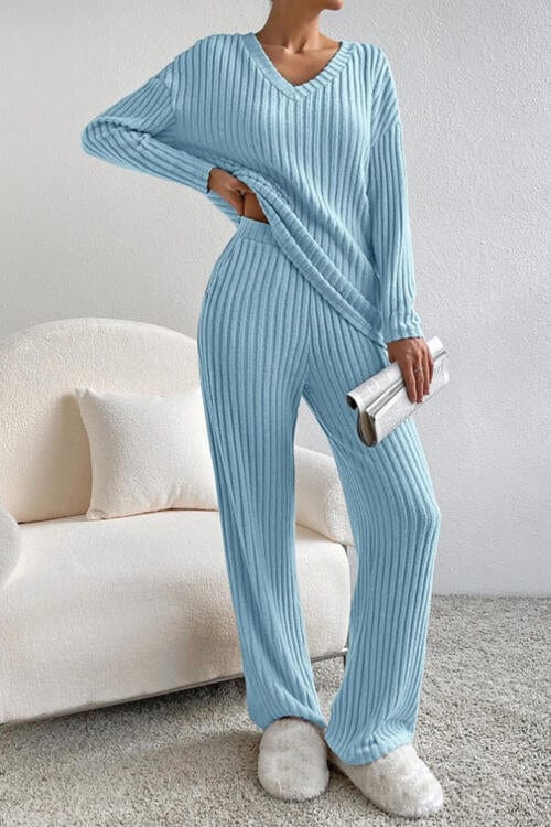 Gray Ribbed V-Neck Top and Pants Set