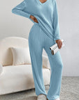 Gray Ribbed V-Neck Top and Pants Set Sentient Beauty Fashions Apparel & Accessories