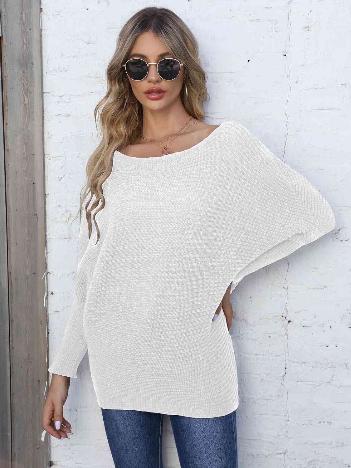 Light Gray Full Size Horizontal Ribbing Dolman Sleeve Sweater Sentient Beauty Fashions Apparel &amp; Accessories