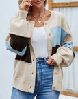 Light Gray Color Block Button Up Lantern Sleeve Cardigan