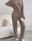 Gray Ribbed V-Neck Top and Pants Set Sentient Beauty Fashions Apparel & Accessories