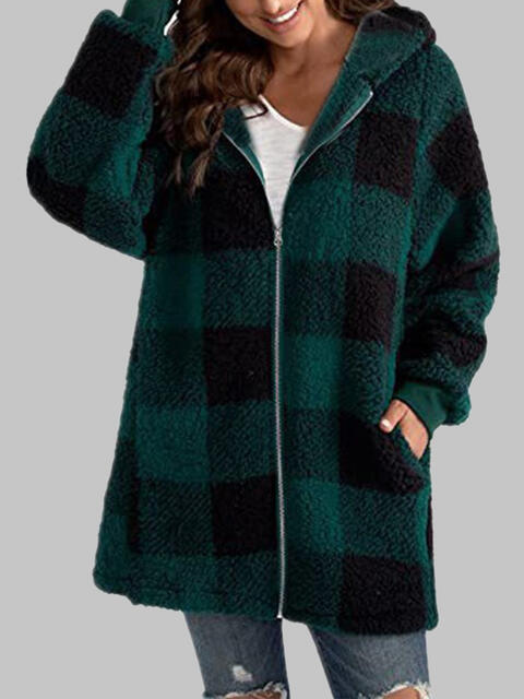 Black Plaid Zip-Up Hooded Jacket with Pockets Sentient Beauty Fashions Apparel &amp; Accessories