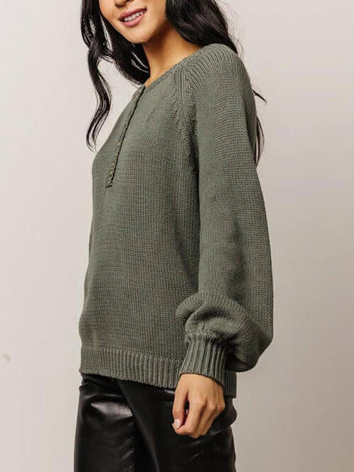 Gray Buttoned Round Neck Long Sleeve Sweater Sentient Beauty Fashions Apparel & Accessories