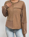 Dim Gray Exposed Seam Round Neck Long Sleeve Sweatshirt