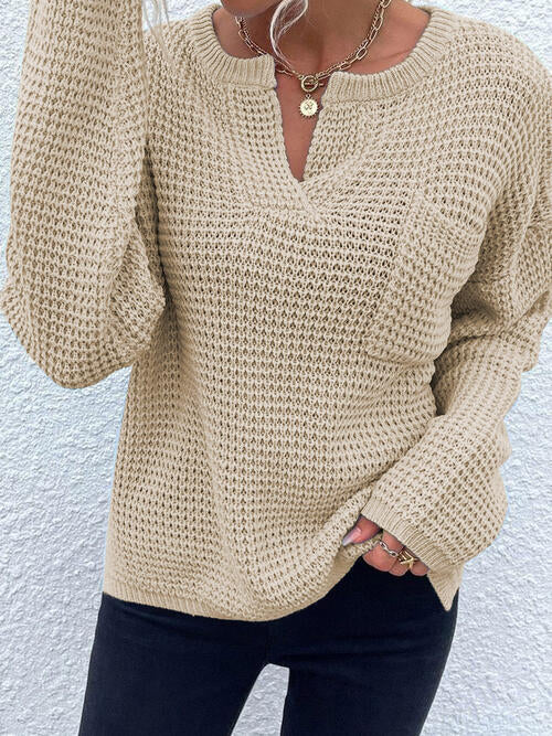 Gray Notched Long Sleeve Sweater