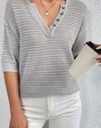 Gray Openwork Half Button Dropped Shoulder Knit Top Sentient Beauty Fashions Apparel & Accessories
