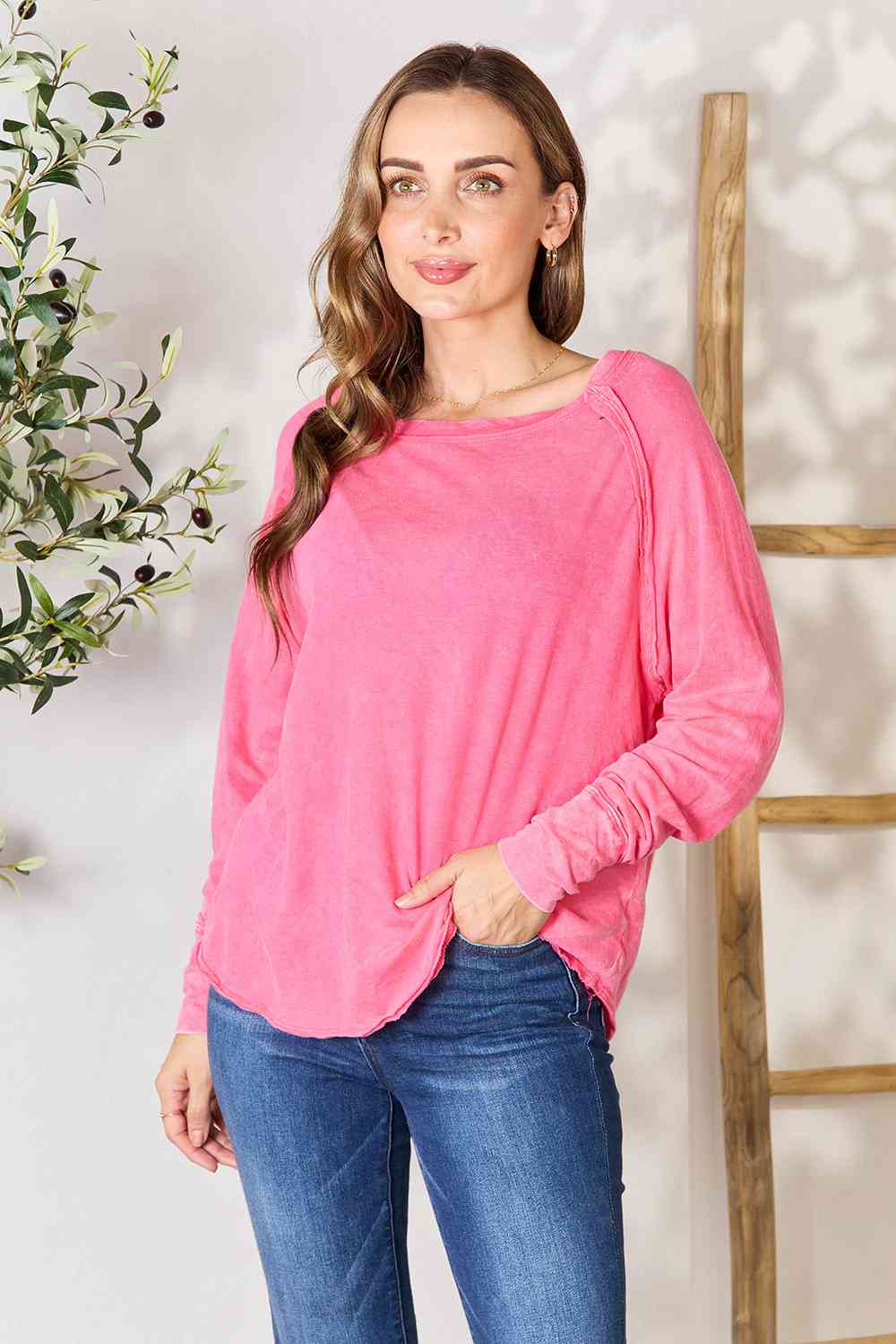 Thistle Zenana Round Neck Long Sleeve Top Sentient Beauty Fashions Apparel & Accessories