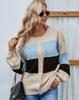 Gray Color Block Button Up Lantern Sleeve Cardigan Sentient Beauty Fashions Apparel & Accessories