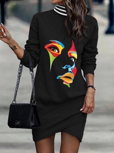 Dark Gray Printed Turtleneck Long Sleeve Mini Dress