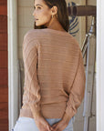 Dim Gray Striped Ribbed Trim Round Neck Sweater Sentient Beauty Fashions Apparel & Accessories