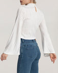 Light Gray Mock Neck Flare Sleeve Blouse Sentient Beauty Fashions Apparel & Accessories