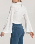 Light Gray Mock Neck Flare Sleeve Blouse