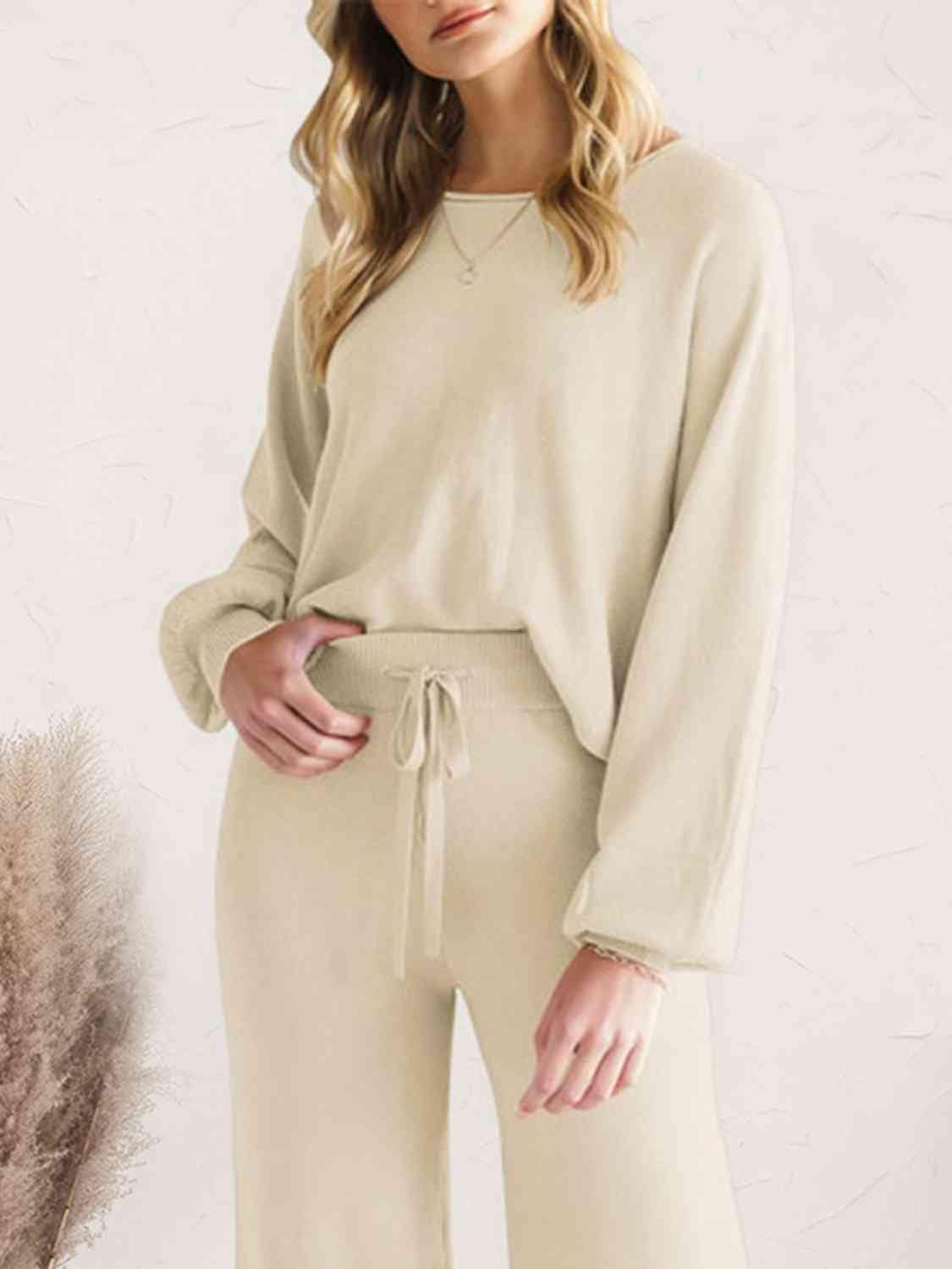 Light Gray Long Sleeve Lounge Top and Drawstring Pants Set