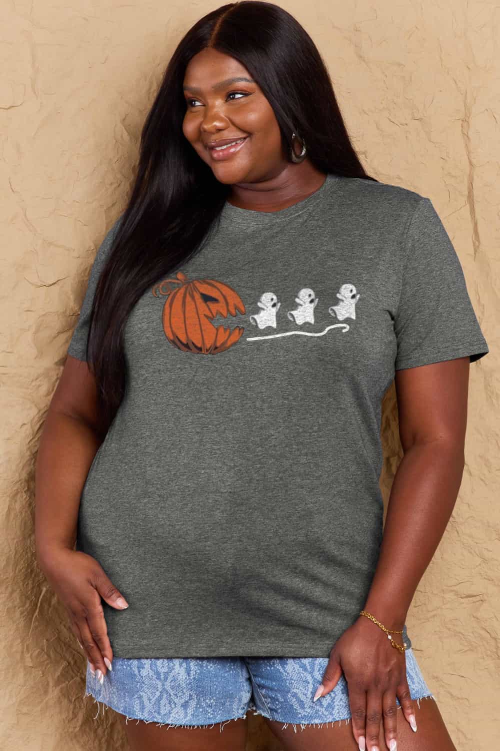 Dark Slate Gray Simply Love Full Size Jack-O'-Lantern Graphic Cotton Tee Sentient Beauty Fashions Apparel & Accessories