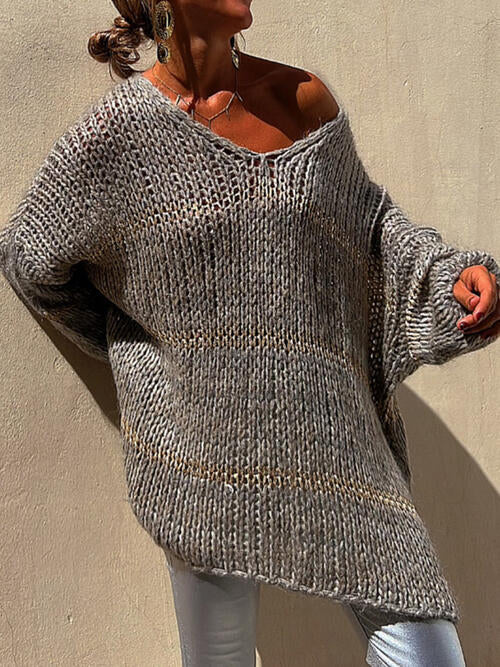 Rosy Brown Openwork V-Neck Long Sleeve Sweater