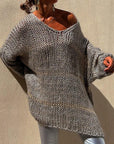 Rosy Brown Openwork V-Neck Long Sleeve Sweater