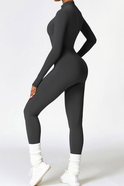 Dark Slate Gray Zip Up Long Sleeve Slim Active Jumpsuit Sentient Beauty Fashions Apparel &amp; Accessories