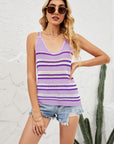 Light Gray Striped Ribbed Trim Knit Tank