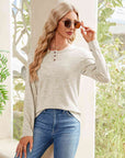 Light Gray Buttoned Round Neck  Long Sleeve T-Shirt Sentient Beauty Fashions Apparel & Accessories