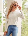 Light Gray Buttoned Round Neck  Long Sleeve T-Shirt