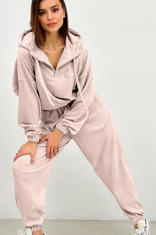 Light Gray Half Zip Drawstring Hoodie and Pants Set Sentient Beauty Fashions Apparel & Accessories