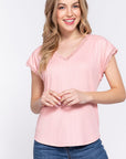 Misty Rose ACTIVE BASIC Lace Trim V-Neck Short Sleeve Ribbed Top Sentient Beauty Fashions Apparel & Accessories
