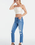 Beige BAYEAS Full Size Mid Waist Distressed Ripped Straight Jeans Sentient Beauty Fashions Apparel & Accessories