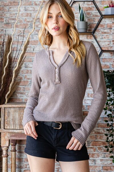 Dark Gray Reborn J Waffle Knit Notched Long Sleeve Top Sentient Beauty Fashions Apparel &amp; Accessories