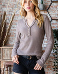 Dark Gray Reborn J Waffle Knit Notched Long Sleeve Top Sentient Beauty Fashions Apparel & Accessories