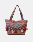 White Smoke Printed Tassel Detail Tote Bag Sentient Beauty Fashions *Accessories