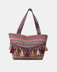 White Smoke Printed Tassel Detail Tote Bag