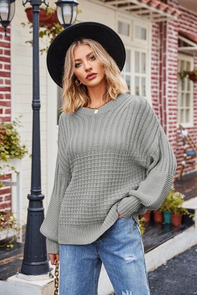 Dark Gray Ribbed Drop Shoulder Lantern Sleeve Sweater