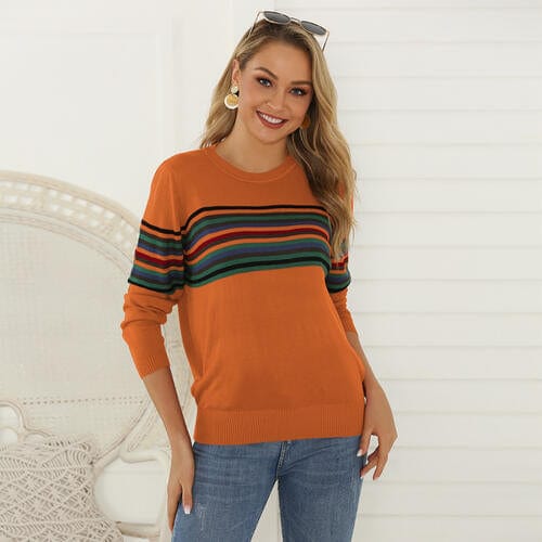 Light Gray Striped Round Neck Long Sleeve Sweater