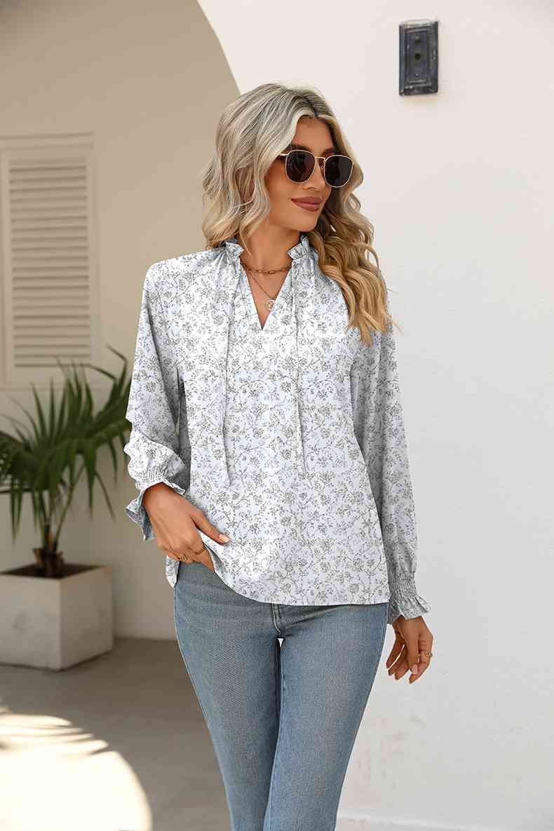 Gray Printed Tie Neck Flounce Sleeve Blouse