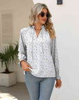 Gray Printed Tie Neck Flounce Sleeve Blouse Sentient Beauty Fashions Apparel & Accessories