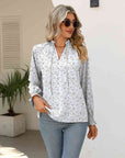 Gray Printed Tie Neck Flounce Sleeve Blouse