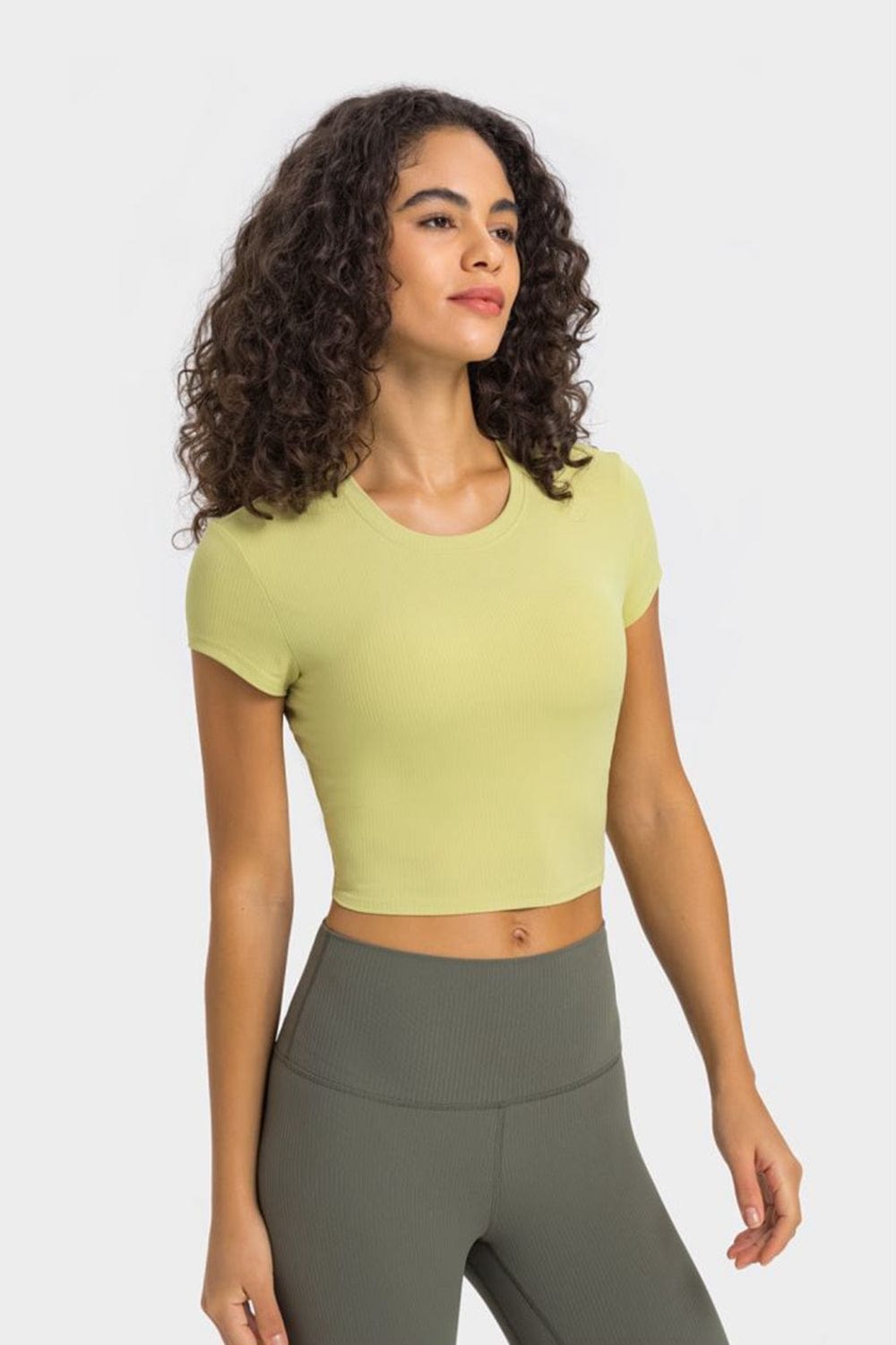 Dark Olive Green Round Neck Short Sleeve Cropped Sports T-Shirt