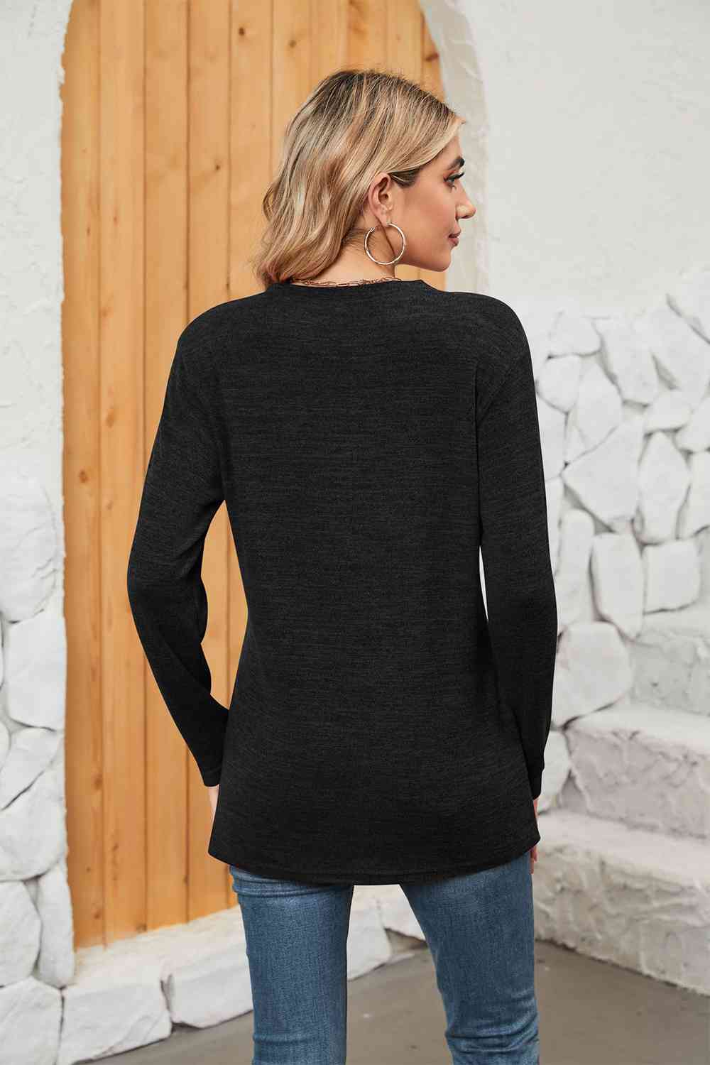 Dark Slate Gray Notched Neck Long Sleeve T-Shirt Sentient Beauty Fashions Apparel & Accessories