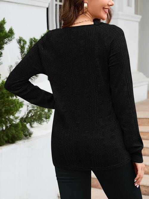 Black Texture Round Neck Long Sleeve Knit Top