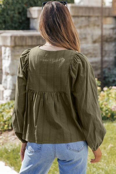 Dark Olive Green Embroidered Tassel Tie Neck Balloon Sleeve Blouse Sentient Beauty Fashions Apparel & Accessories