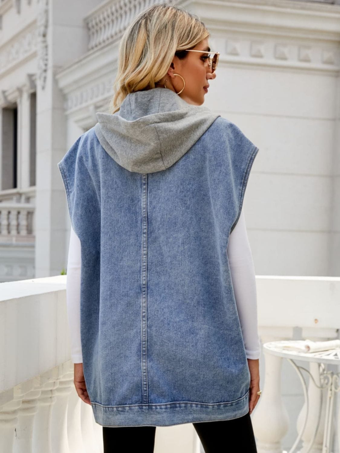 Gray Hooded Sleeveless Denim Top with Pockets