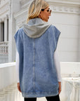 Gray Hooded Sleeveless Denim Top with Pockets