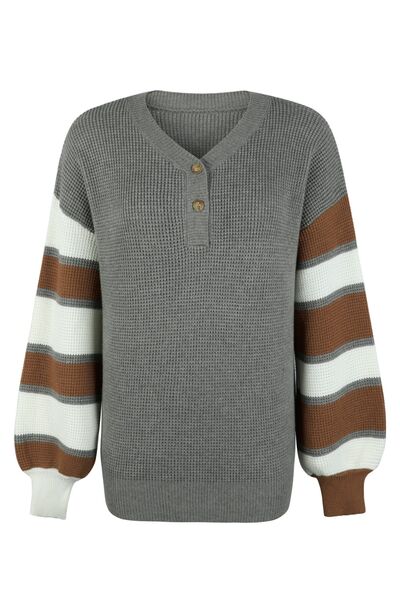 Dim Gray Color Block V-Neck Dropped Shoulder Sweater Sentient Beauty Fashions Apparel & Accessories