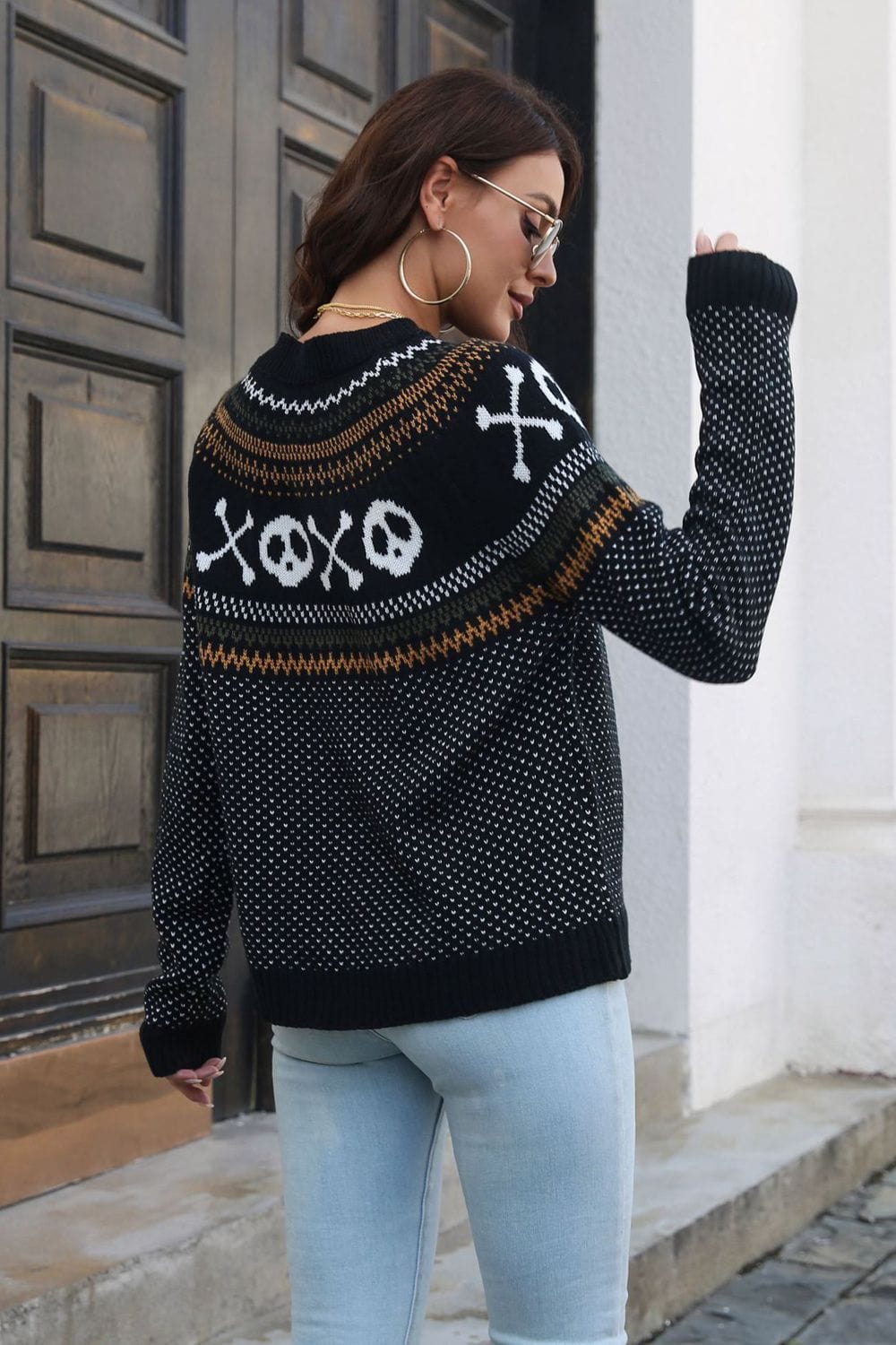 Dark Slate Gray Ghost Pattern Round Neck Long Sleeve Sweater