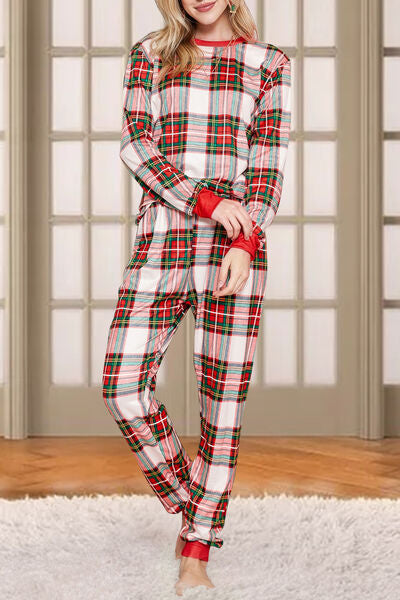 Rosy Brown Plaid Round Neck Top and Pants Set Sentient Beauty Fashions Apparel &amp; Accessories